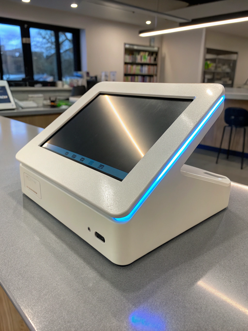 High-precision payment terminal on a clean, modern desk surface
